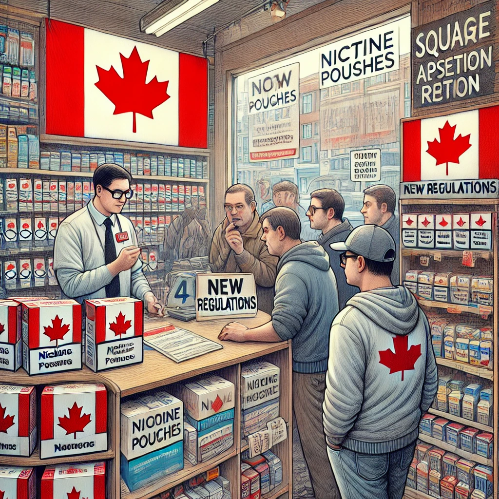 A busy urban pharmacy with signs about nicotine pouches, customers examining new regulations, and a frustrated store clerk.
