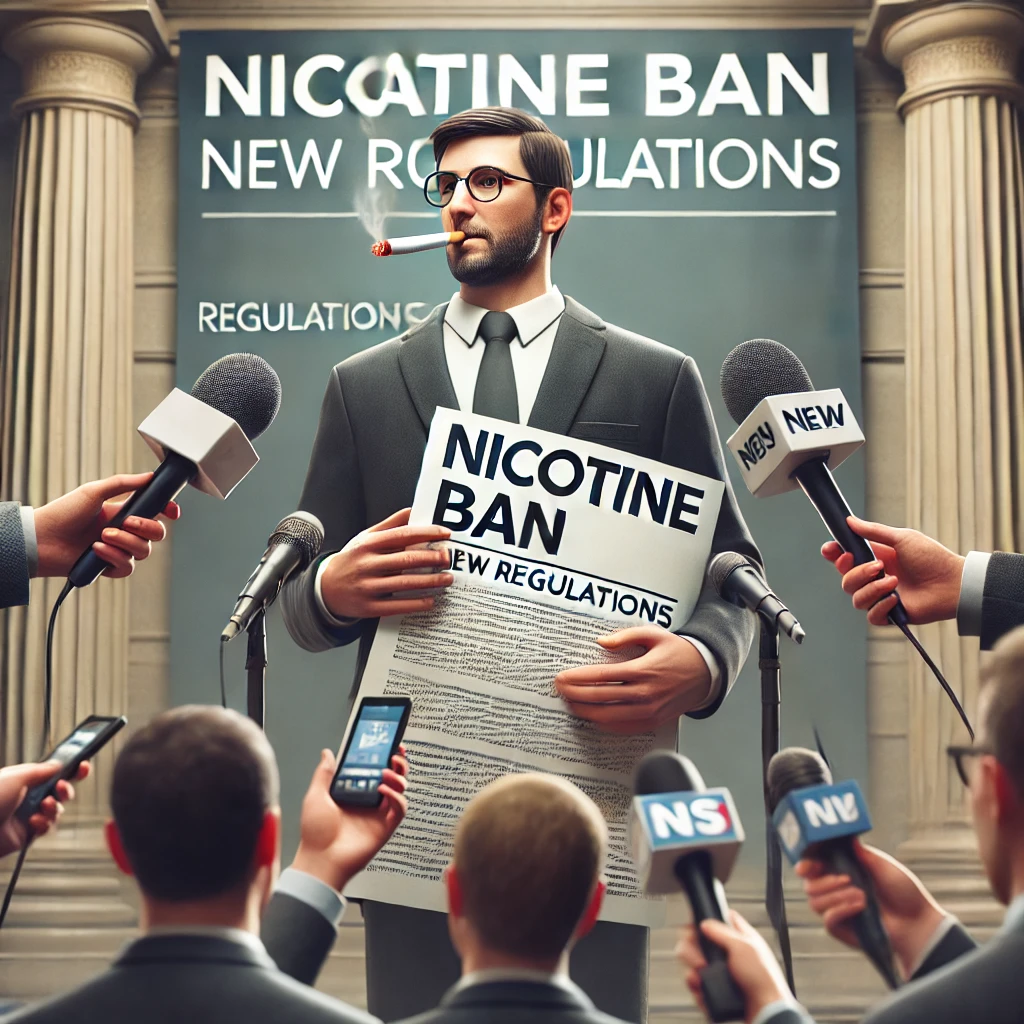 Health minister holding a "Nicotine Ban" document, surrounded by journalists with a "New Regulations" banner.