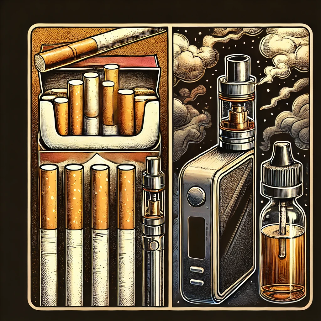 Split screen image contrasting traditional smoking and modern vaping.