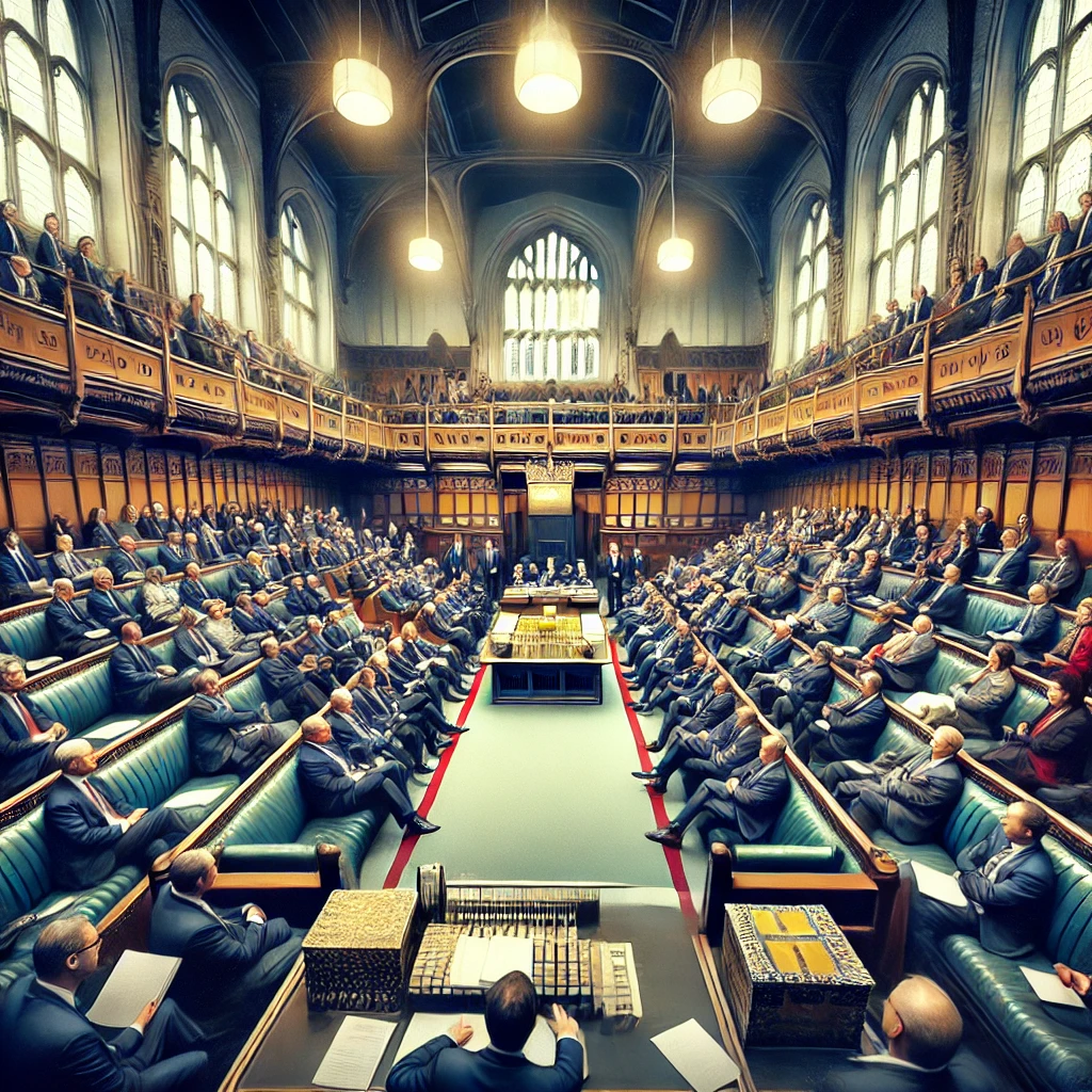 Parliamentary chamber in session with intense legislative debate.