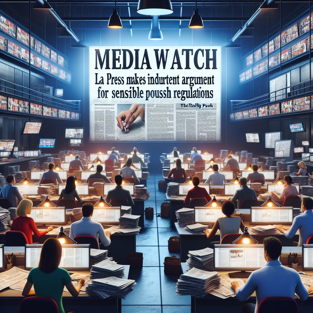 A busy newsroom with reporters and a headline display.