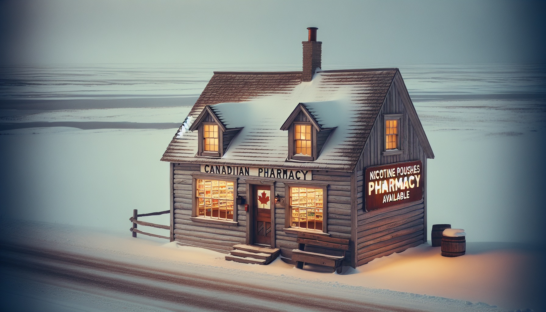 A rural Canadian pharmacy promoting nicotine pouches in an isolated area with snow-covered roads.
