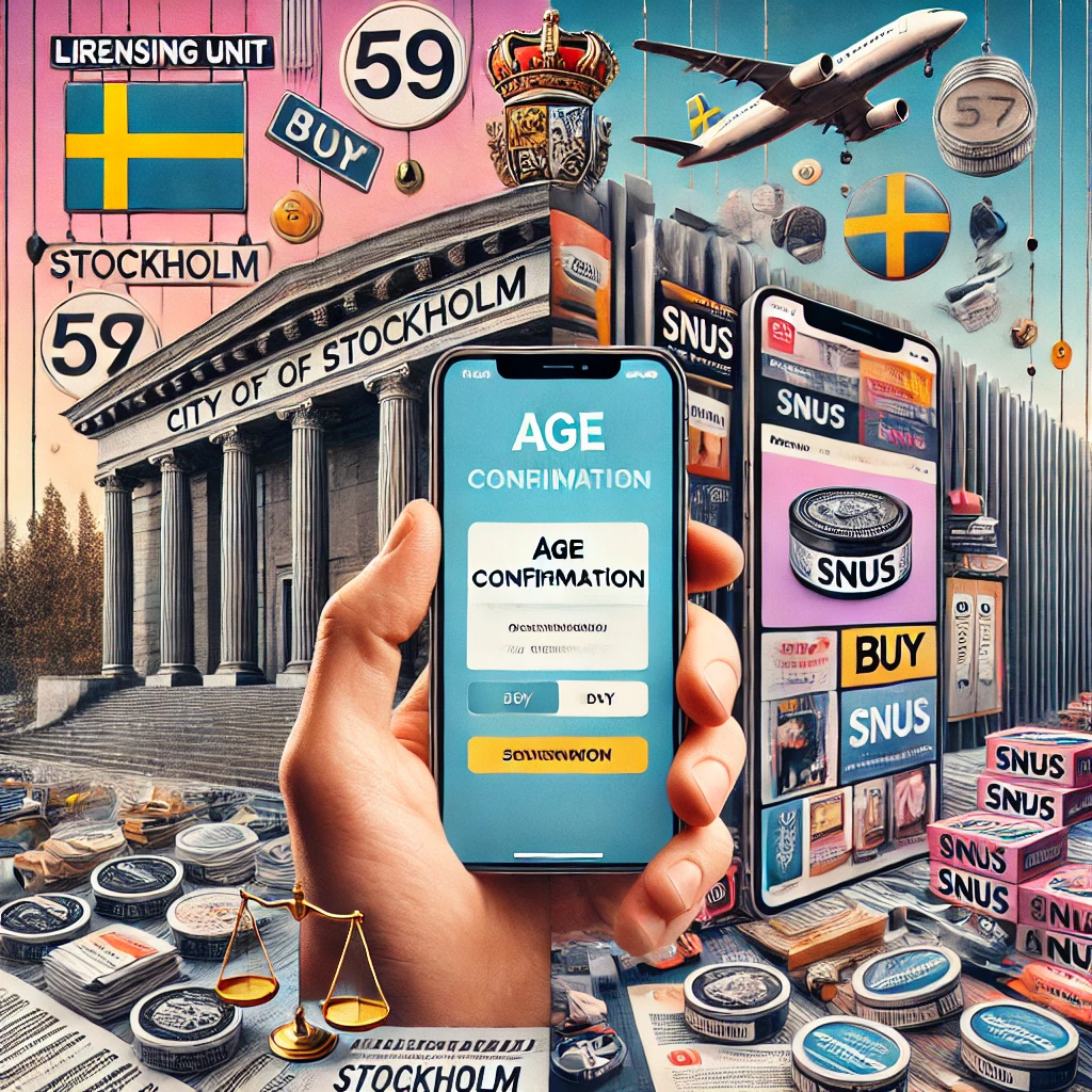 Image contrasting Sweden’s regulatory bureaucracy with online snus sales and age verification.