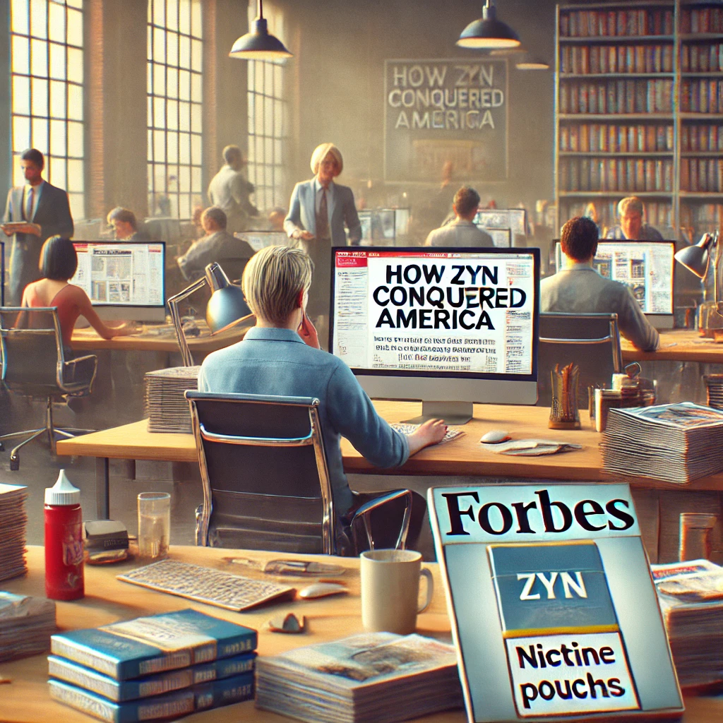 Newsroom with journalists, Forbes covers, and nicotine pouch articles.