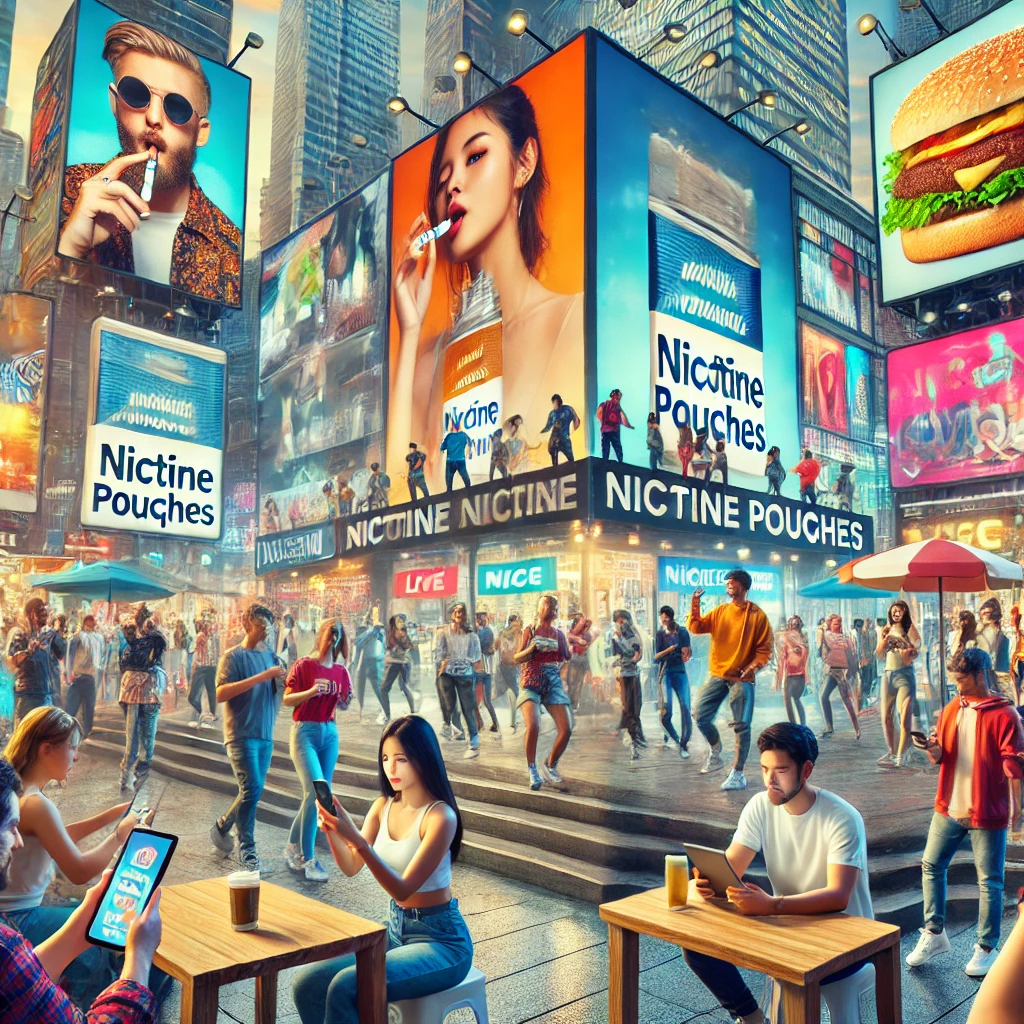 Influencers and traditional ads promoting nicotine pouches in vibrant settings.