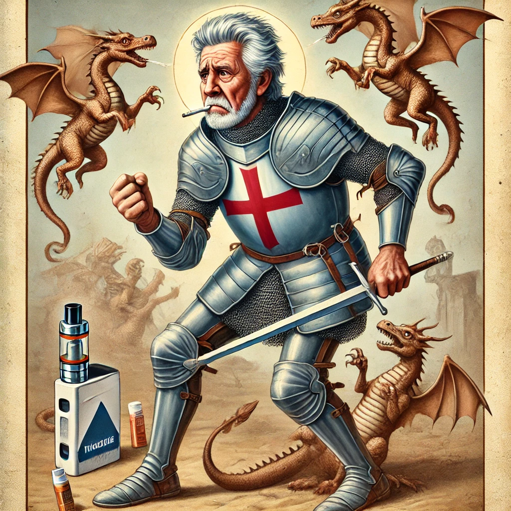 An illustration of a retired St. George attacking vape pens and nicotine pouches, mistaking them for dragons.