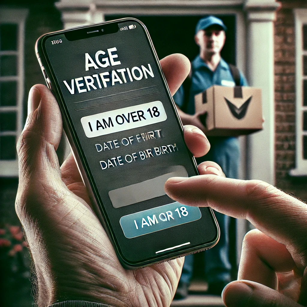 A close-up of a hand holding a smartphone with an age verification screen, and a blurred delivery person in the background.
