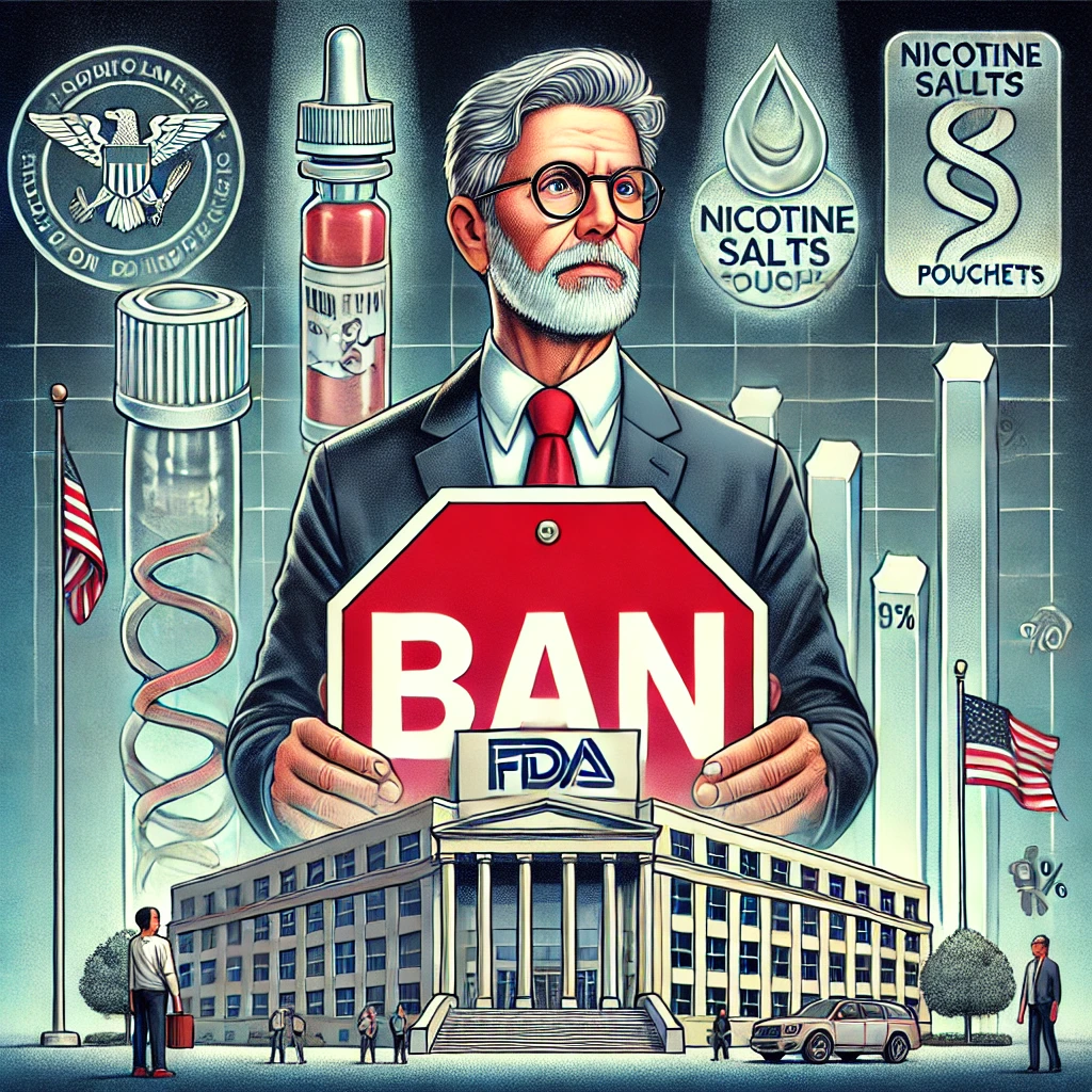 Stanton Glantz with a BAN sign in front of FDA building, charts and nicotine products around