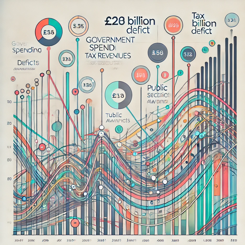 A financial graph showing government spending and tax revenues with a highlighted £22 billion deficit.