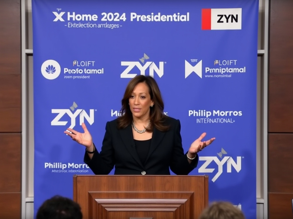 'Kamala Harris at a podium in front of a "2024 Presidential Campaign" backdrop, professional setting, nicotine pouches like ZYN, Philip Morris International logos and branding in background, serious tone, highlighting campaign and nicotine industry connection.