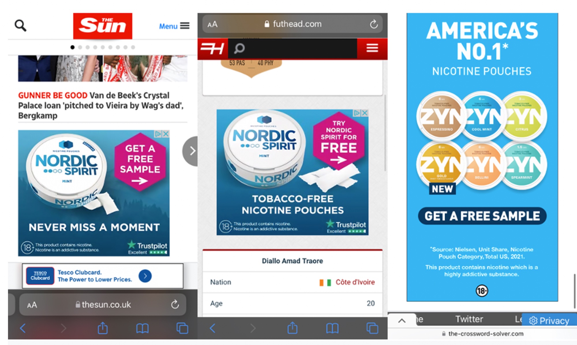 Advertisements for nicotine pouches in various publications and websites.