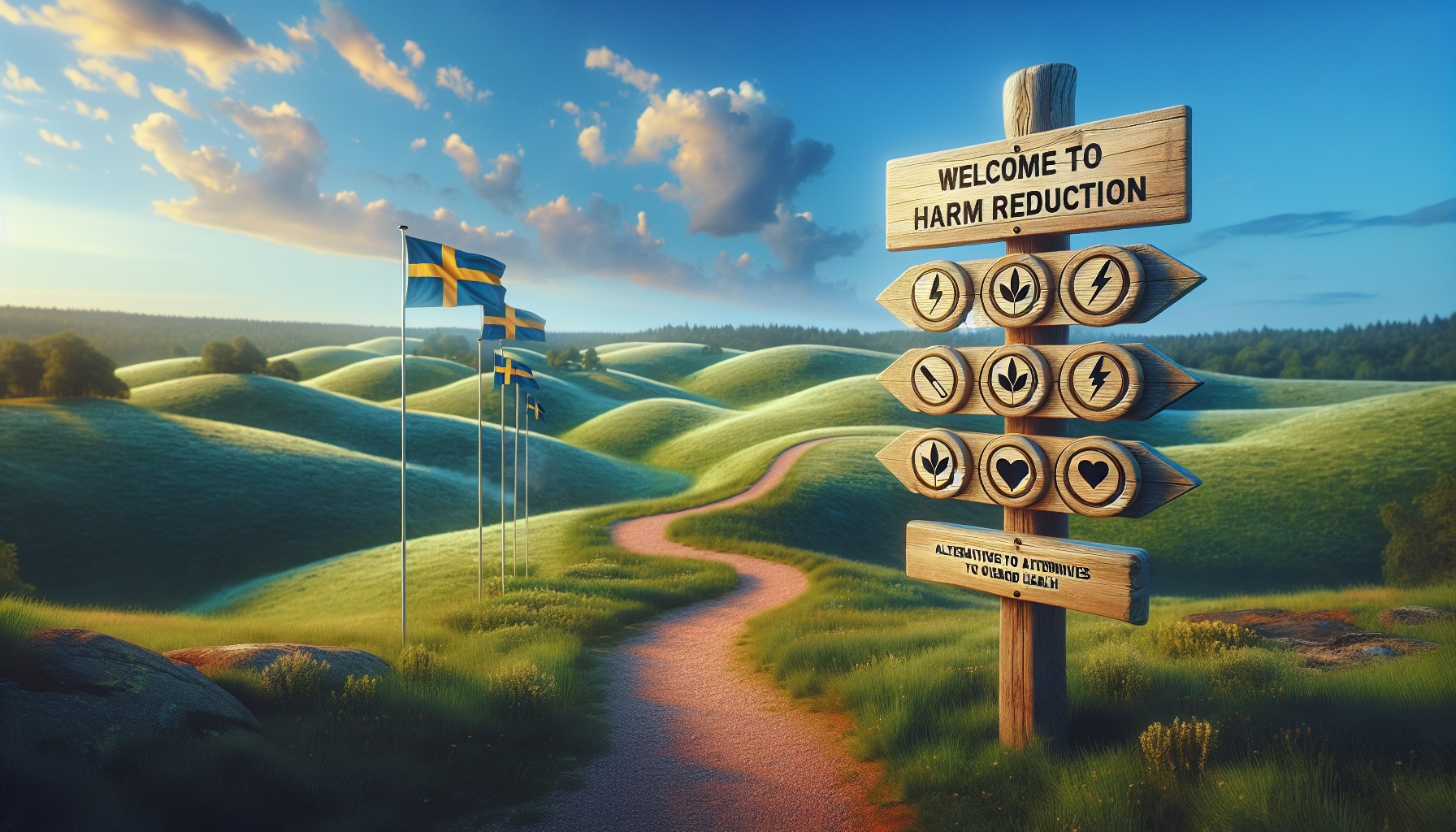 A tranquil Swedish countryside scene with gently rolling hills beneath a bright blue sky. In the foreground, a wooden signpost reads "Welcome to Harm Reduction," positioned next to a winding path representing a journey towards a healthier lifestyle. Along the path are symbols such as a leaf for natural wellness, a lightning bolt for energy, and a heart for health, signifying alternatives to smoking. A Swedish flag is subtly incorporated into the scene, adding a touch of national identity.