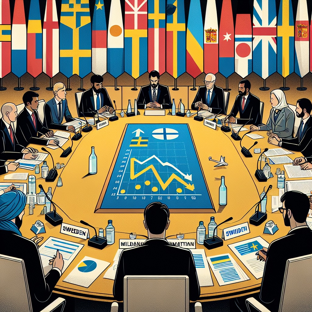 Policy discussion table with diverse international figures and symbols of harm reduction success.