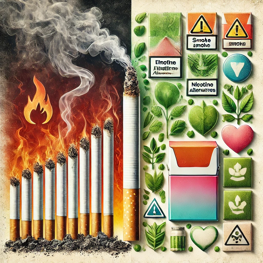 Artistic comparison showing a faded cigarette with smoke and hazard symbols on the left, and vibrant nicotine pouches with green leaves and heart icons on the right, symbolizing harm reduction.