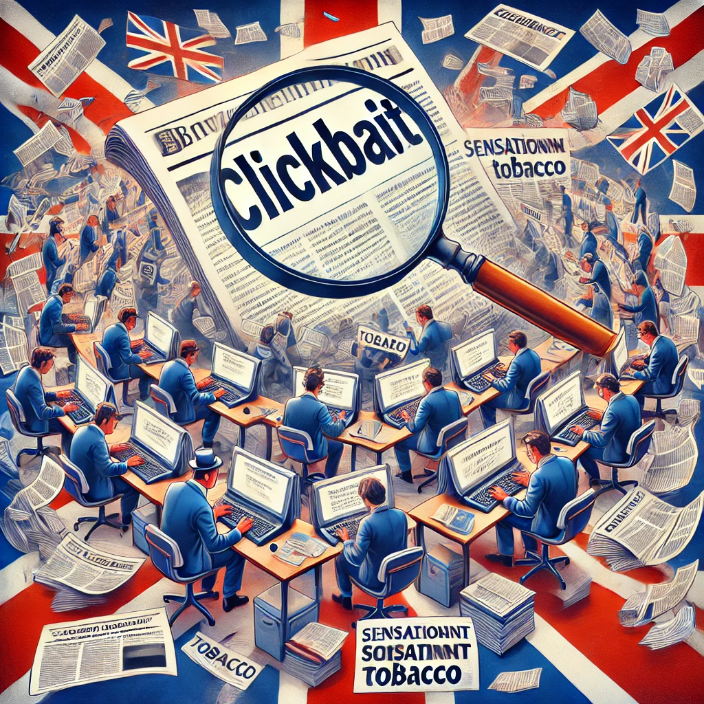 A busy British newsroom with journalists, newspapers, and a magnifying glass highlighting "clickbait".