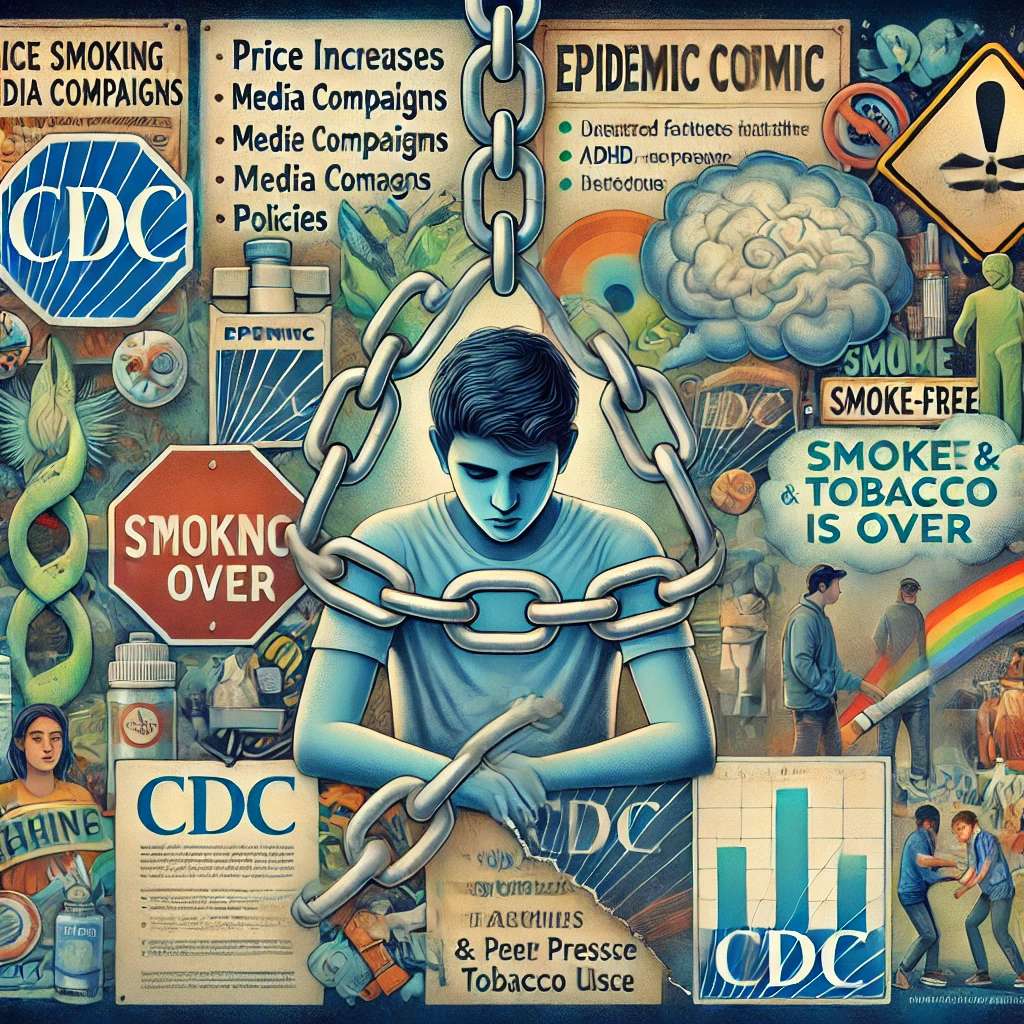 An informative illustration critiquing the CDC's approach to vaping and tobacco control. In the foreground, stylized posters and documents represent CDC recommendations like price increases, media campaigns, and smoke-free policies. A faint CDC logo and a graph showing the decline of smoking and vaping over a decade are in the background. At the center, a broken chain and a crumbling 'epidemic' sign symbolize the end of the vaping crisis. Teens engage in healthy activities around the center, indicating a shift away from tobacco use. The image incorporates mental health symbols like a brain and icons representing ADHD, autism, and depression, highlighting the overlooked factors in nicotine use.