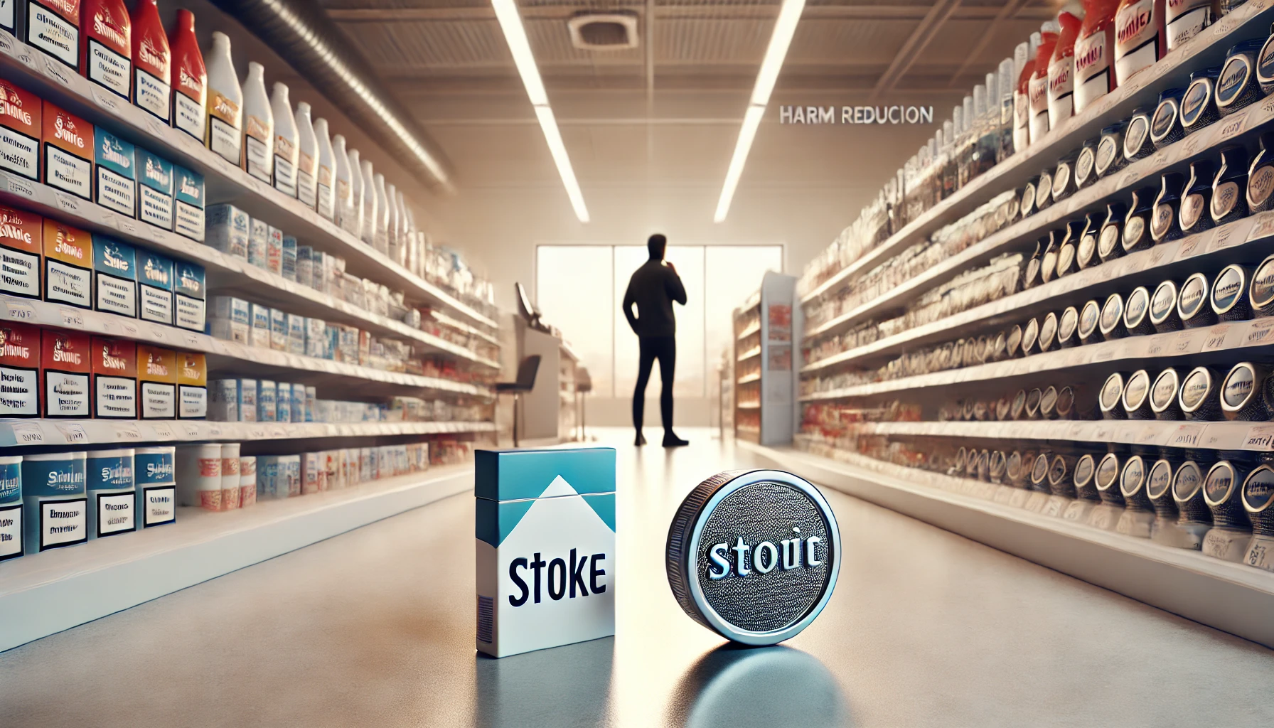 A customer selecting a nicotine pouch from a convenience store shelf, highlighting the contrast between traditional cigarettes and harm reduction alternatives.