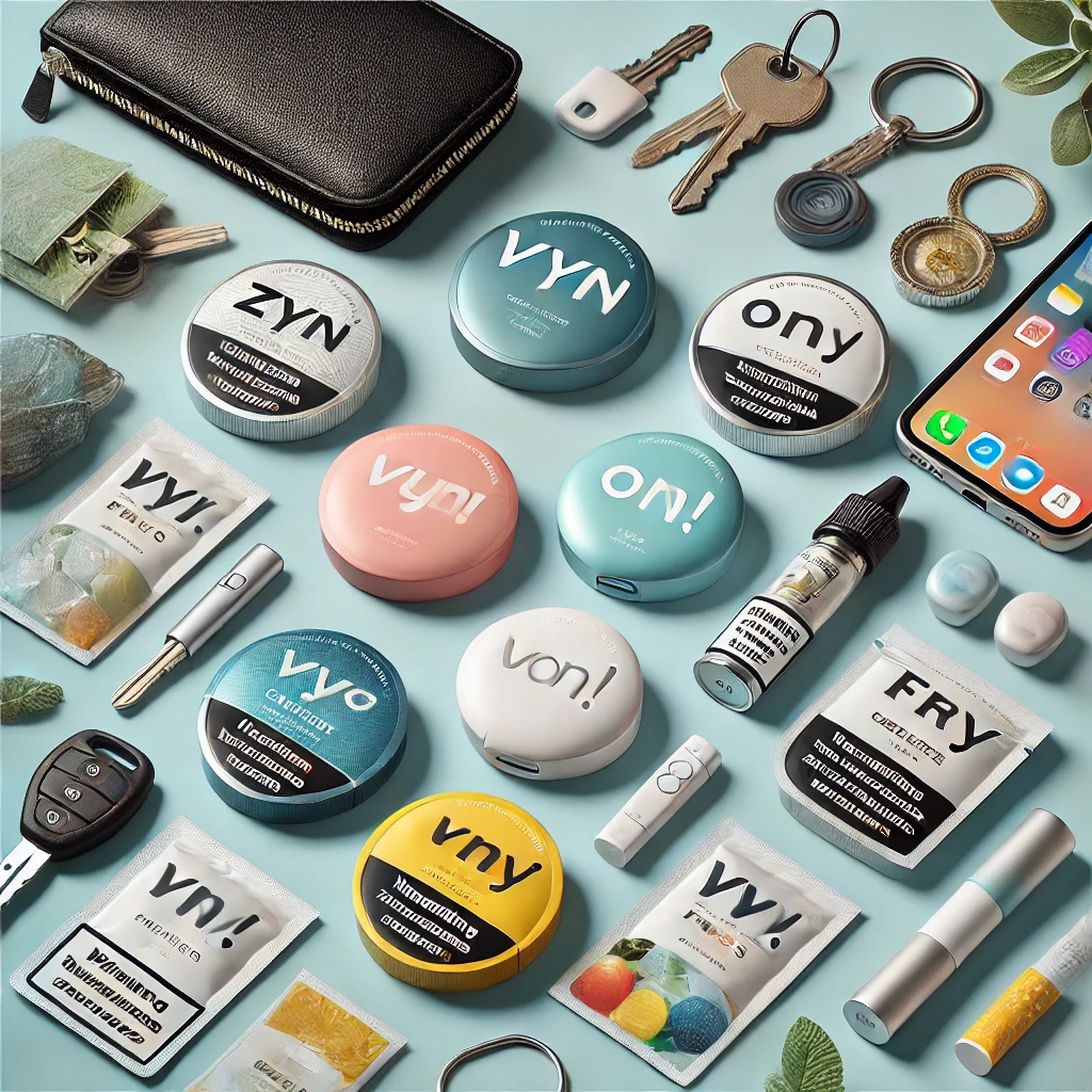 Popular nicotine pouch brands among everyday personal items.