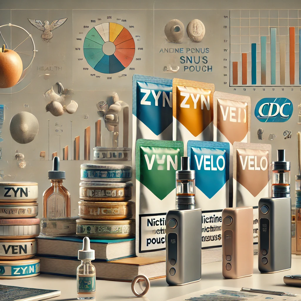 **Alt Text:**

<p>A visually engaging illustration featuring various nicotine pouch containers with "ZYN" and "VELO" logos, placed beside sleek vape devices. The background includes elements suggestive of CDC imagery, such as data charts or health symbols, along with subtle school-themed visuals like books and classroom desks, emphasizing education and public health awareness about nicotine use. The scene uses a clean and balanced color palette to highlight innovation and harm reduction without depicting traditional smoking products." class="wp-image-3729"></figure></p>
<p></p>



<h2 class=