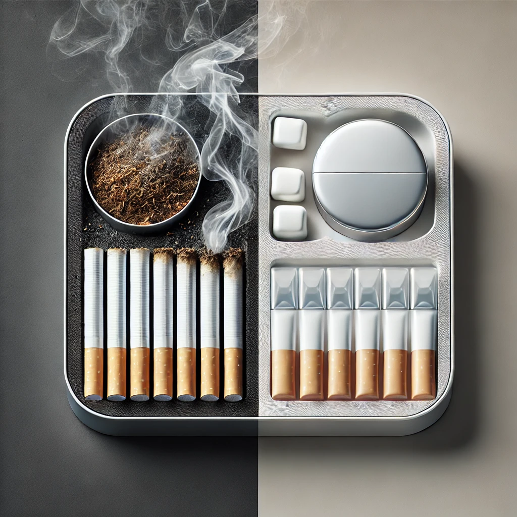 Split-screen image contrasting harmful smoking with sleek nicotine pouches, illustrating harm reduction.