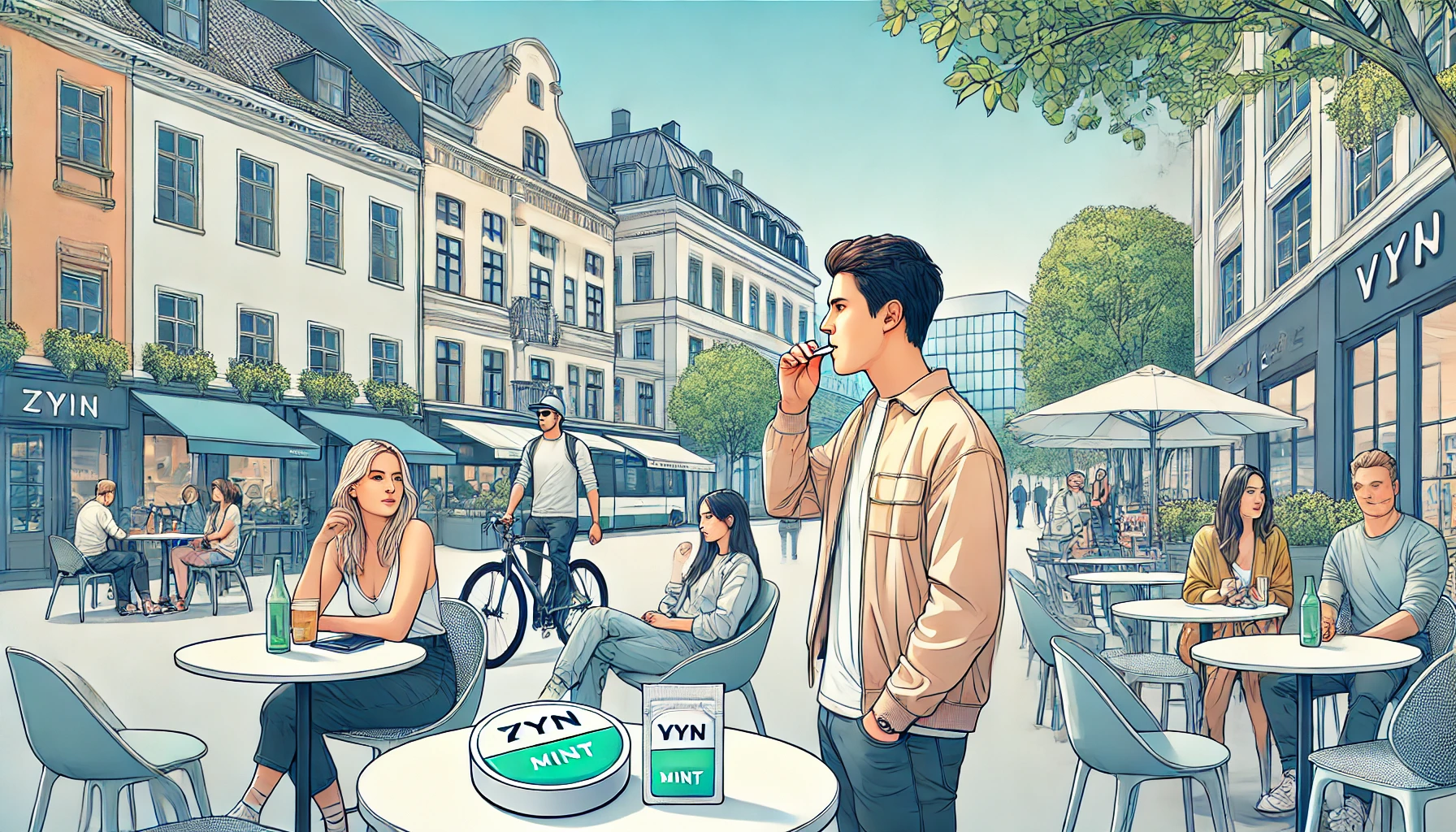 Young adults in a Scandinavian city enjoy modern life, sitting at a café and walking through a street. A person subtly uses a nicotine pouch, and small, sleek nicotine pouch containers rest on a table. Scandinavian architecture and greenery surround the scene, with a clean, stylish atmosphere.