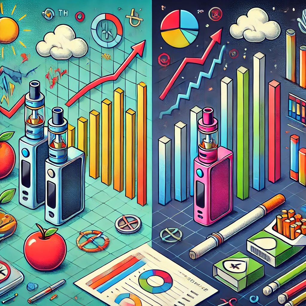 Conceptual image of the impact of a disposable vape ban with graphs and tobacco products.