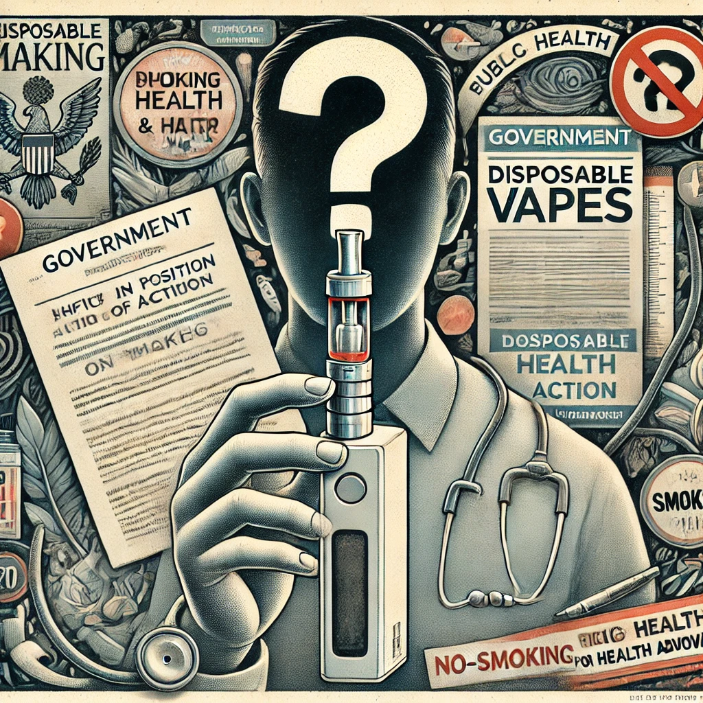 Editorial illustration of ASH's changing stance on disposable vapes with symbols of public health.