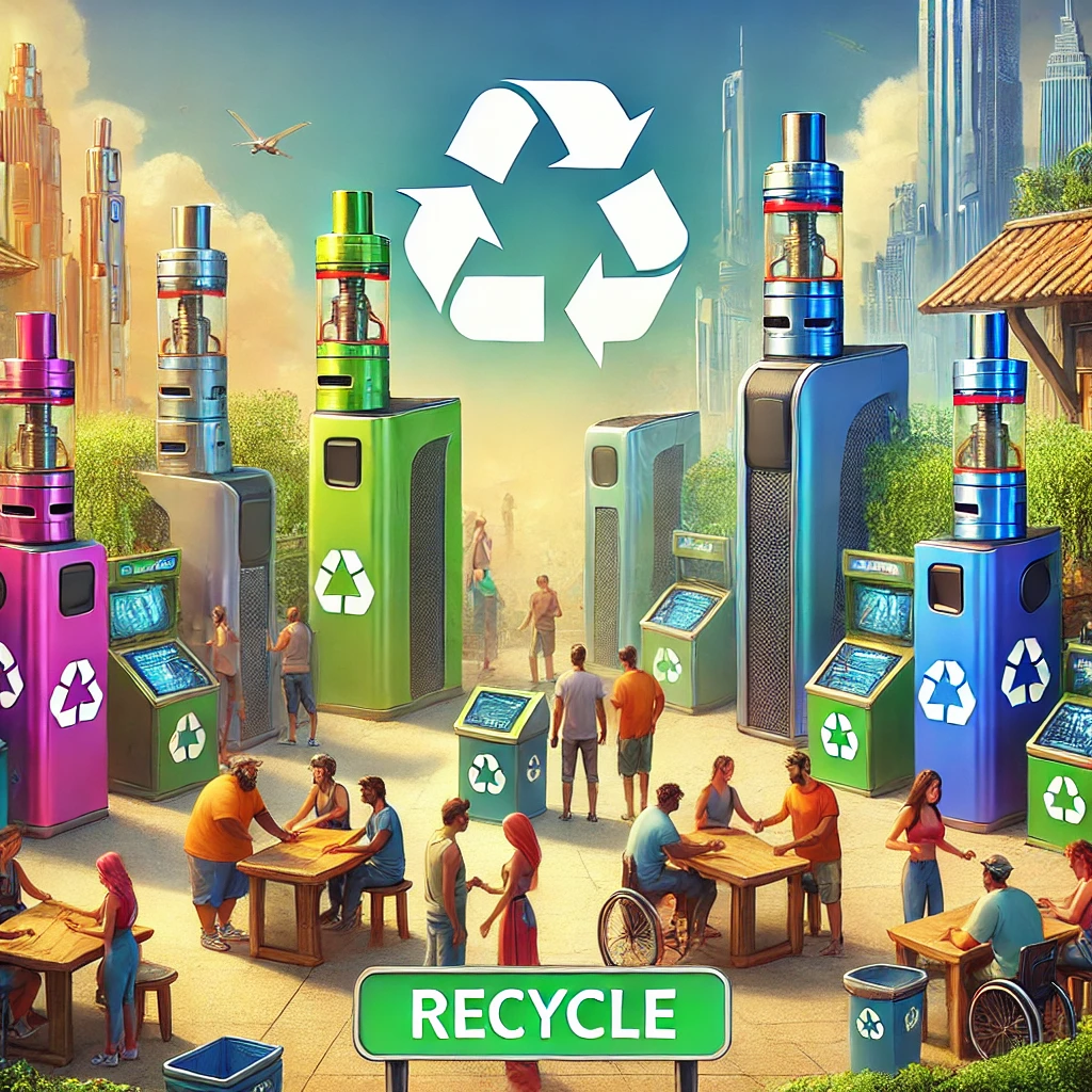 Futuristic recycling scene with unique vape devices and enthusiastic citizens, suggesting alternatives to vape ban.