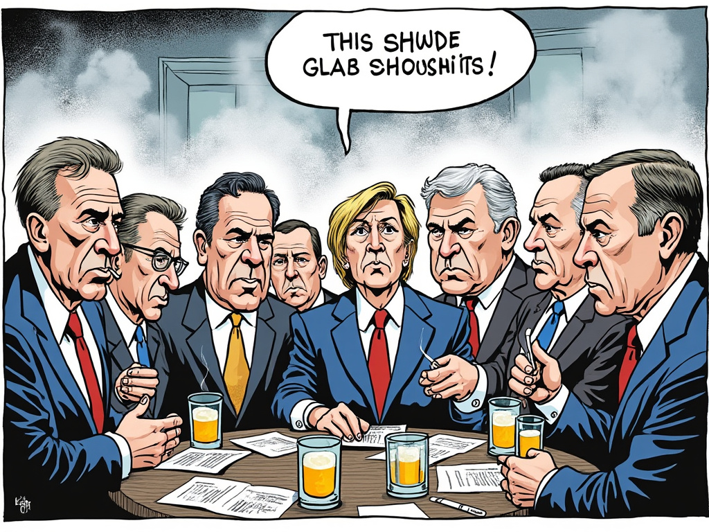 Cartoon depiction of a group of EU politicians, caricatured in traditional newspaper comic style, engaging in a discussion while smoking cigarettes. The politicians are drawn with exaggerated features typical of political cartoons, hinting at their identities without explicit representation, set against a background that suggests a high-profile meeting or conference.