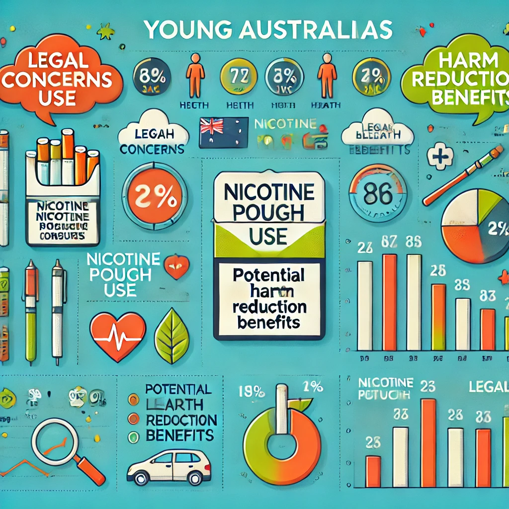 An infographic displaying statistics on nicotine pouch use among young Australians, comparing legal issues with harm reduction benefits. The infographic includes bright colours, symbols for health benefits, and icons for legal versus illegal use, along with graphs showing trends in usage and harm reduction outcomes.