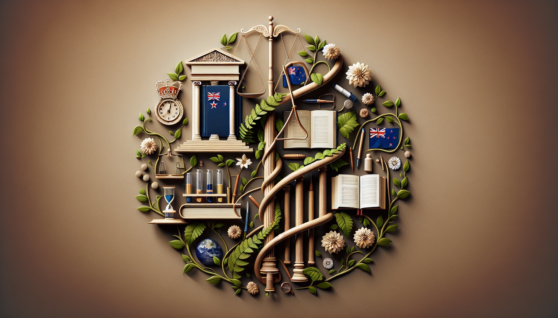 Conceptual art illustrating the collaboration between the New Zealand government and public health organizations. The image features symbolic representations of regulation and education, with books and legal documents intertwined with flourishing vines and flowers. This imagery highlights the prosperous growth of a healthy society resulting from effective partnership and policy-making.