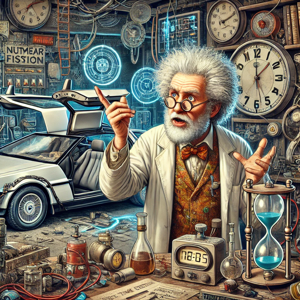 Eccentric scientist with a DeLorean in a chaotic garage
