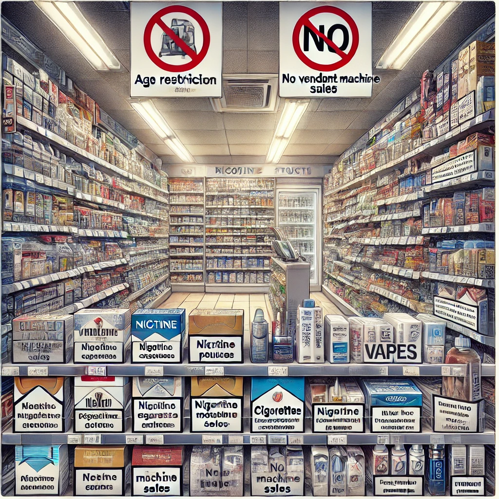 UK store shelf with nicotine products and signage highlighting legal restrictions.