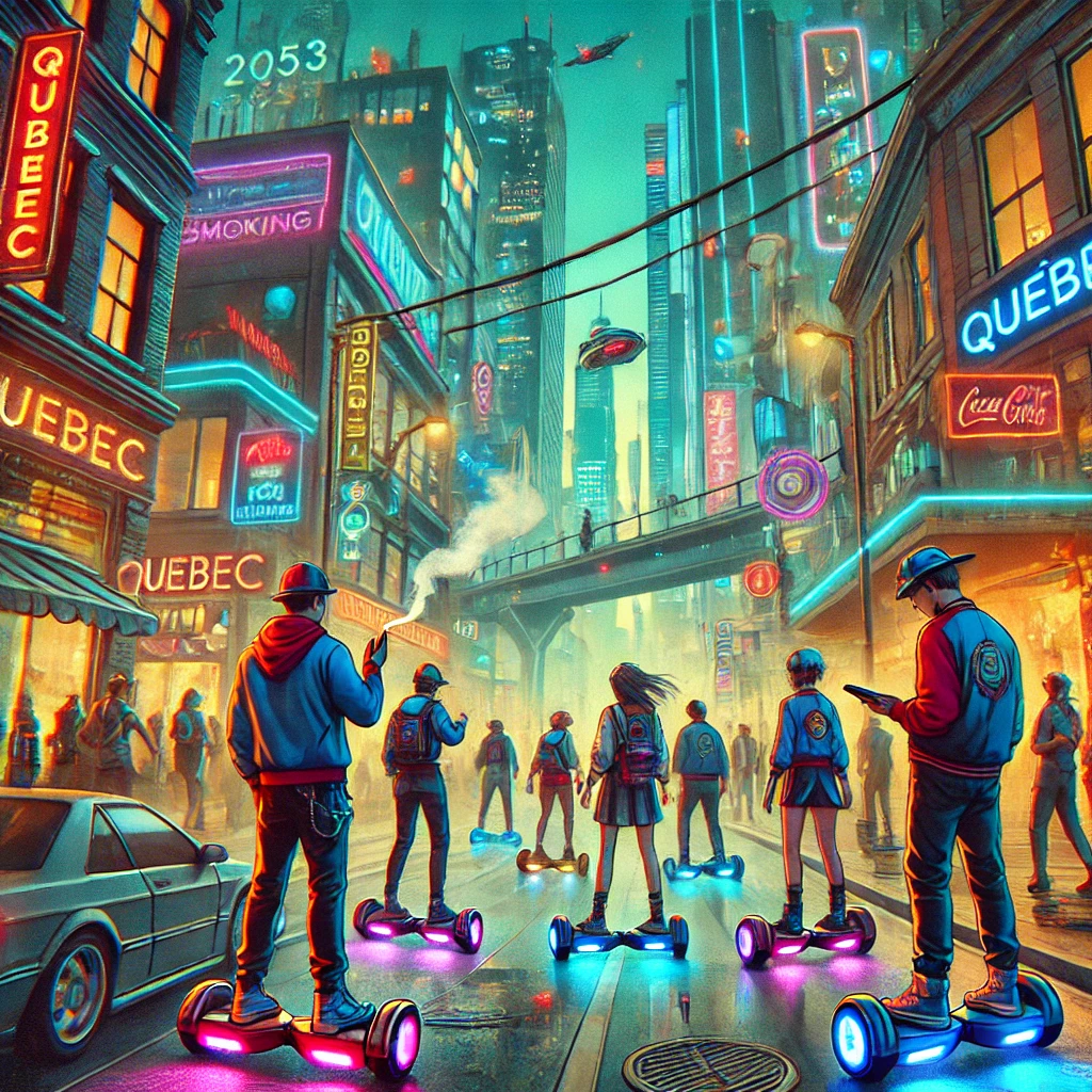 Futuristic Quebec cityscape with hoverboards and smokers