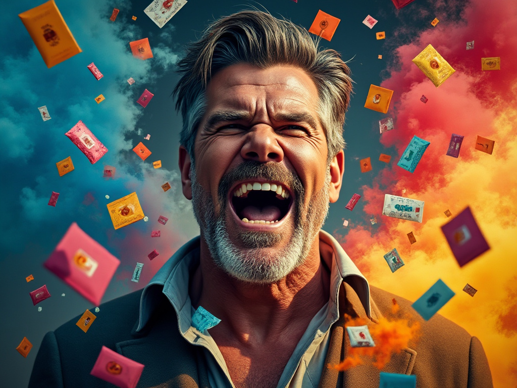 Josh Brolin amidst colorful nicotine pouches, symbolizing transformation and harm reduction.
