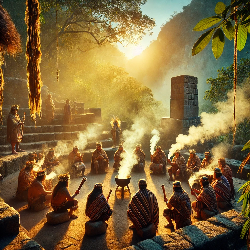 An artistic representation of an ancient Incan ceremony with tobacco use, set in a Peruvian jungle.
