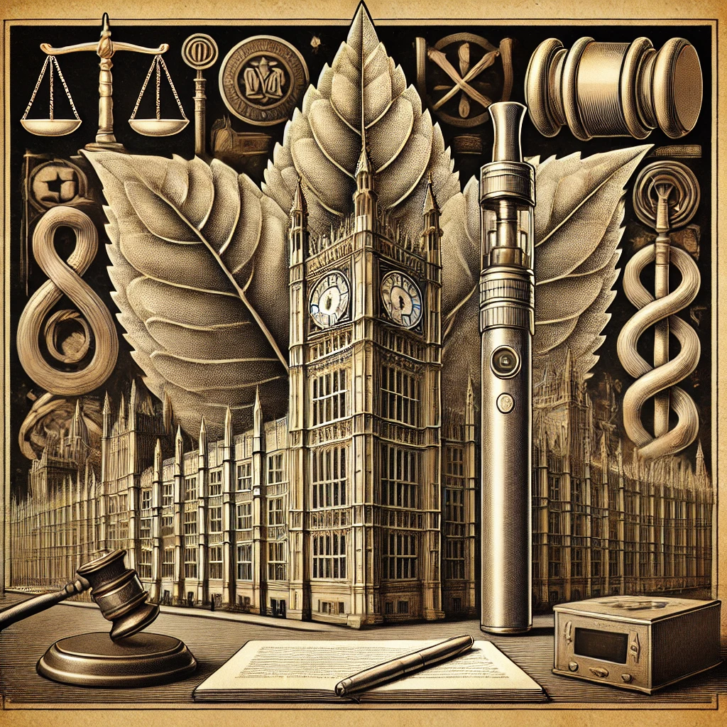 Illustration of UK Parliament with tobacco leaf, vape pen, and legal symbols.