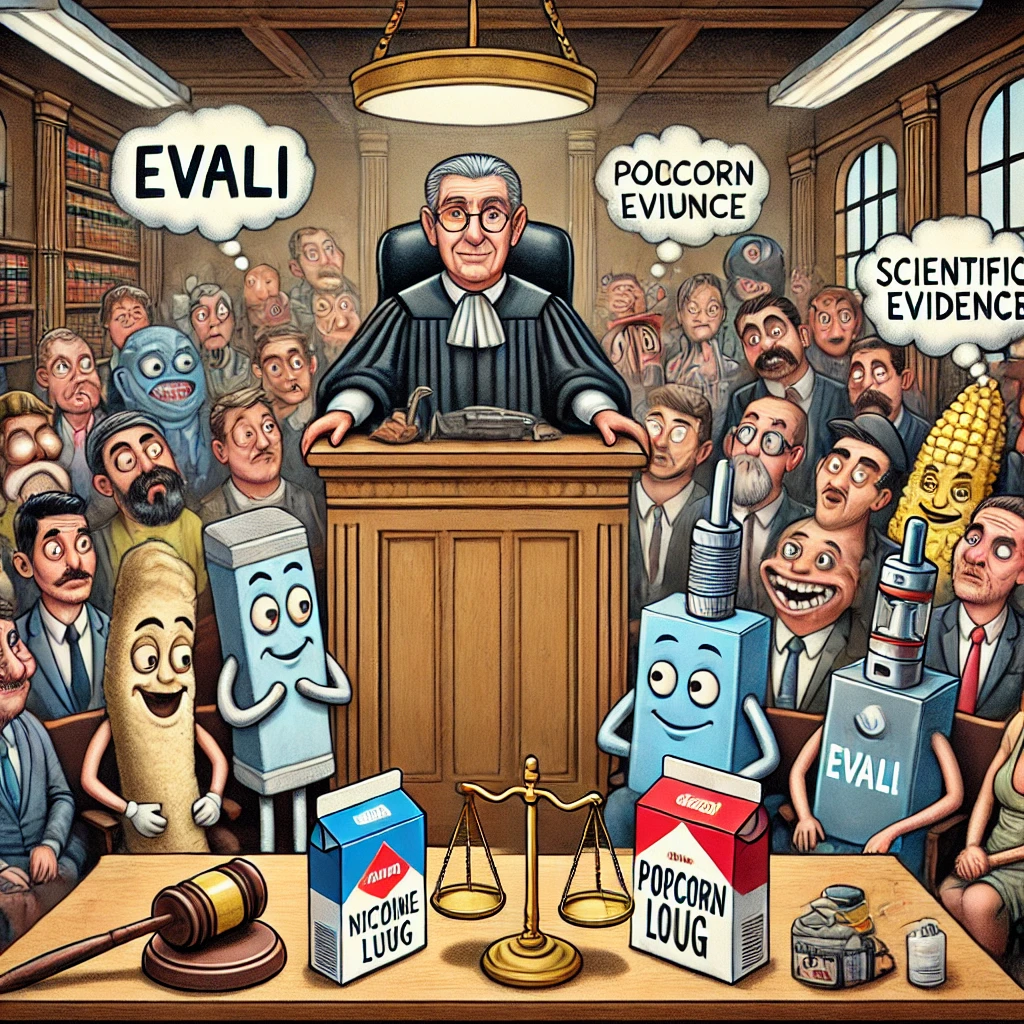 A cartoon courtroom scene with vaping on trial and conspiracy theories in the jury, creating a whimsical legal parody.