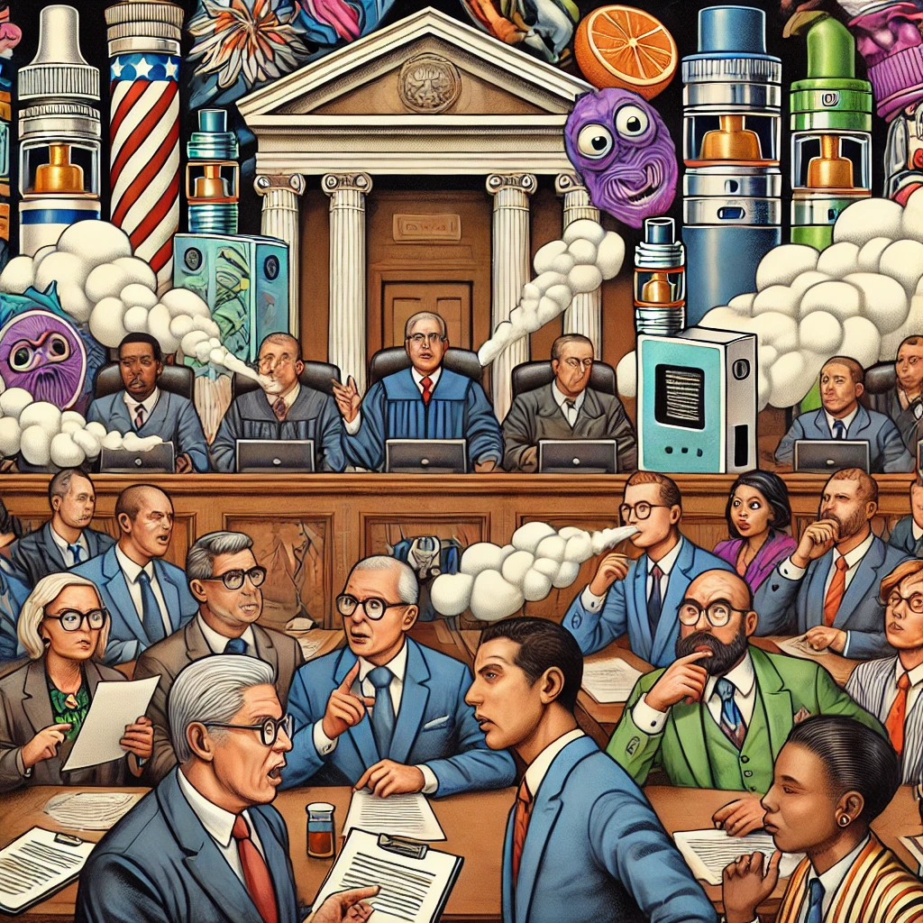 Courtroom scene with politicians and lobbyists debating vaping regulation with vapor clouds and legal documents
