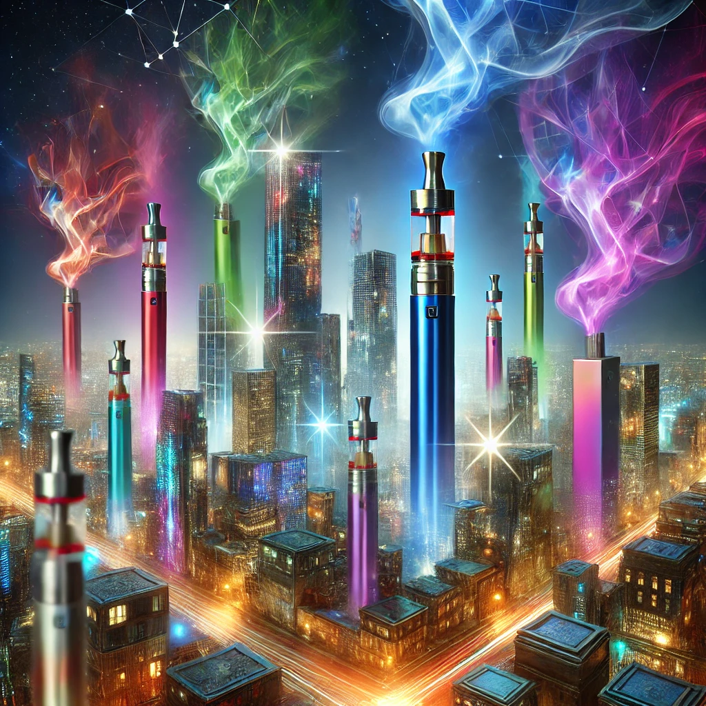 Futuristic city with vapour and nicotine pouches, showing changing consumer habits in the tobacco industry.
