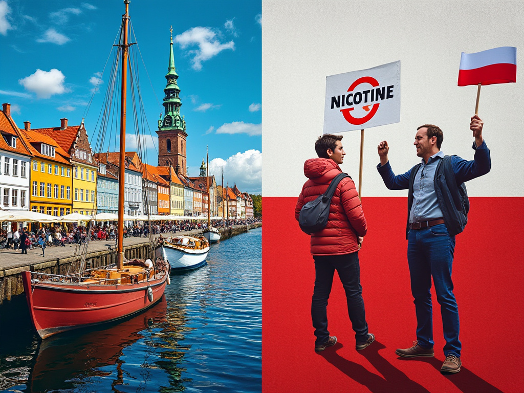 A colourful collage showing landmarks from Denmark and Poland mixed with protest symbols against nicotine pouch bans.