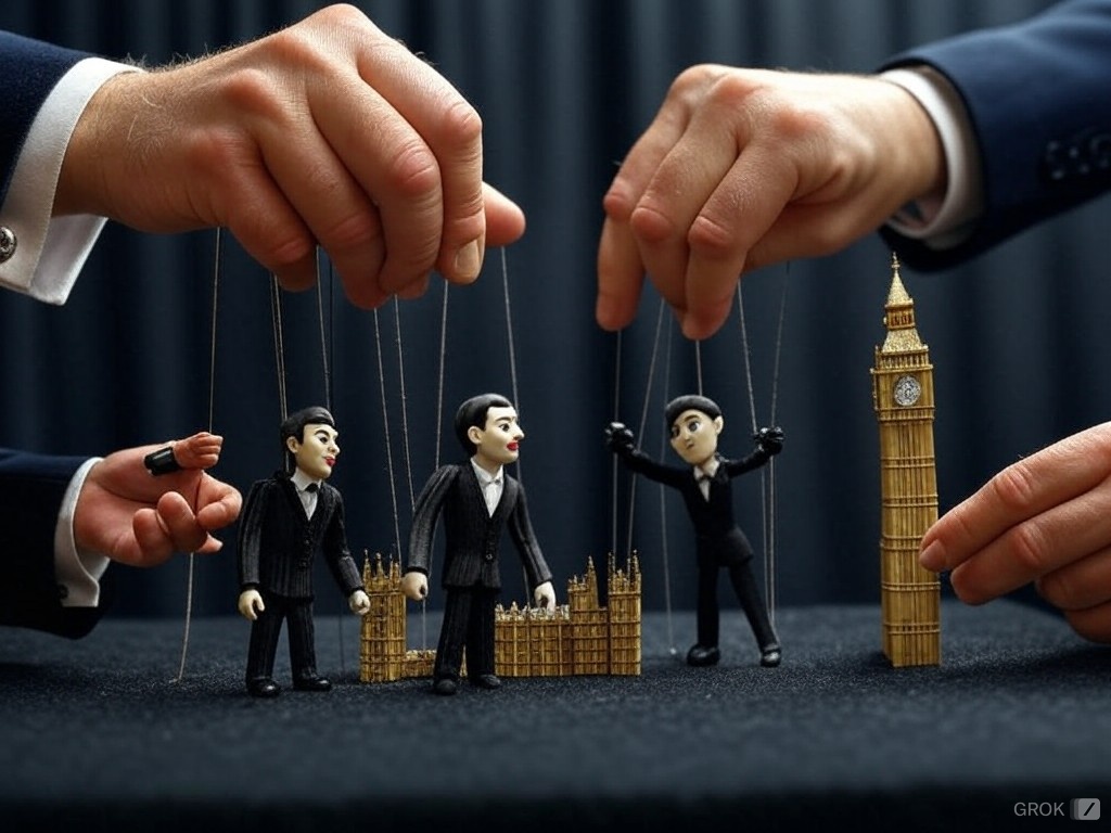 Puppet theatre illustrating UK parliament controlled by wealthy American figures through policy strings.