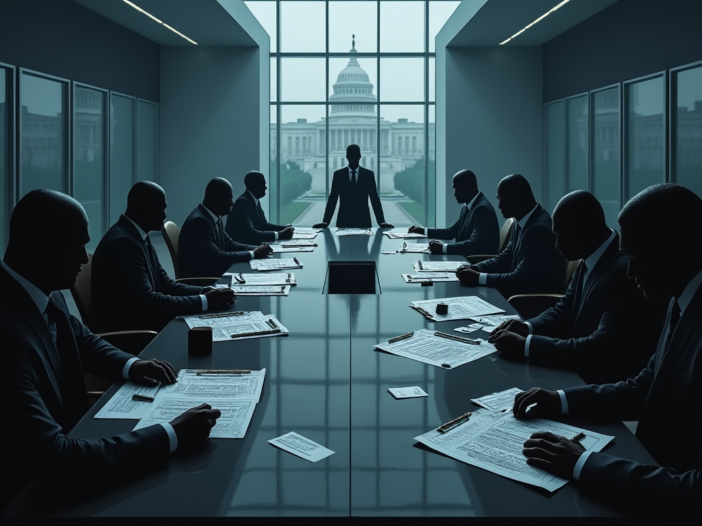 An illustration of shadowy figures at a conference table representing secretive decision-making on nicotine pouch policies.