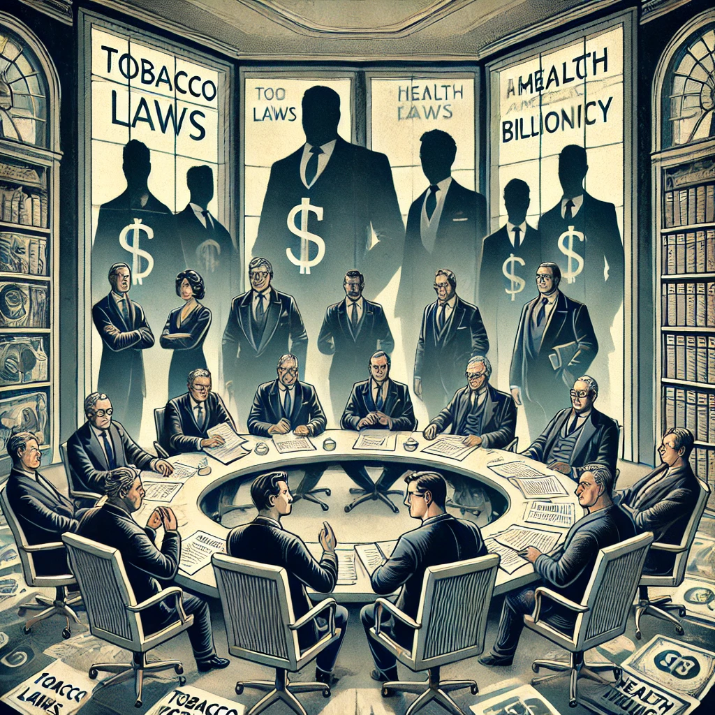 UK politicians in a conference room under shadows of American billionaires with policy documents.
