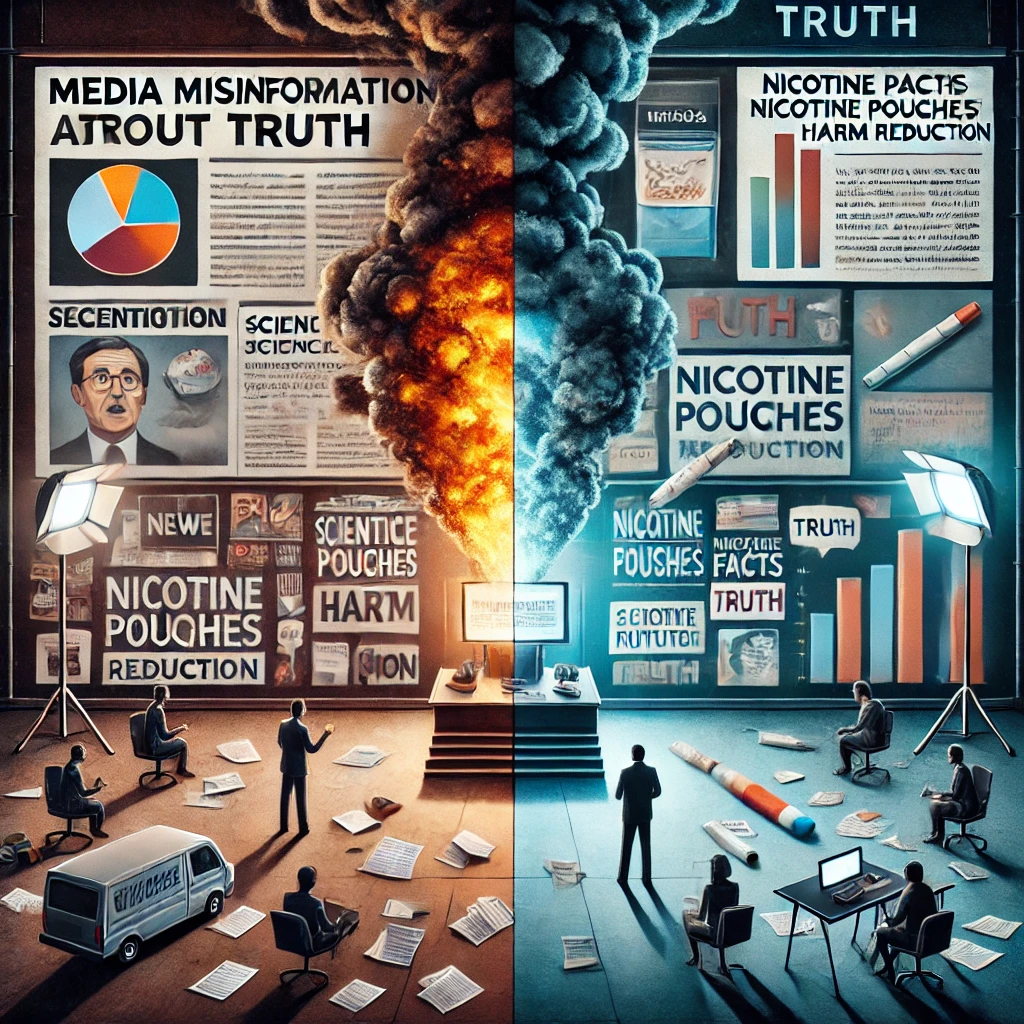 Split image of media misinformation and scientific truth about nicotine pouches.