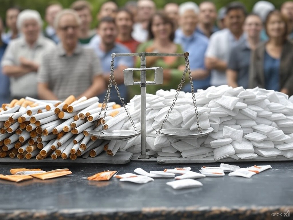 Conceptual scale: cigarettes vs. nicotine pouches with diverse opinions in background.