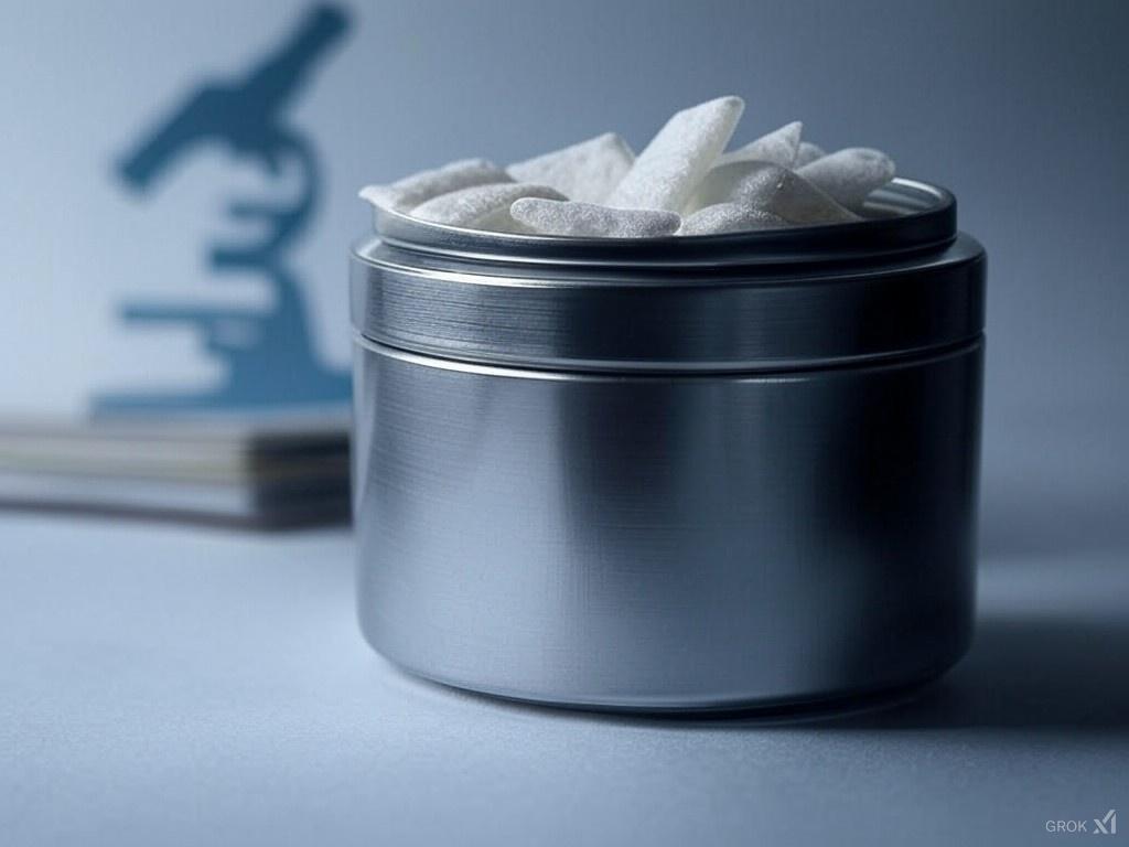 Close-up of a Zyn nicotine pouch can, slightly open to reveal white pouches inside, with a blurred scientific backdrop of journals and a microscope.