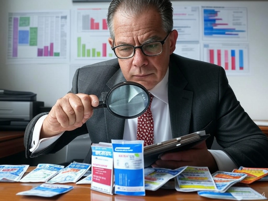 Government official inspecting a nicotine pouch with a magnifying glass, surrounded by documents and various pouch brands.