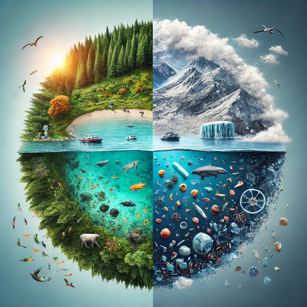 Conceptual art contrasting a pristine natural world with a microplastic-polluted environment, highlighting ecological and human impacts.