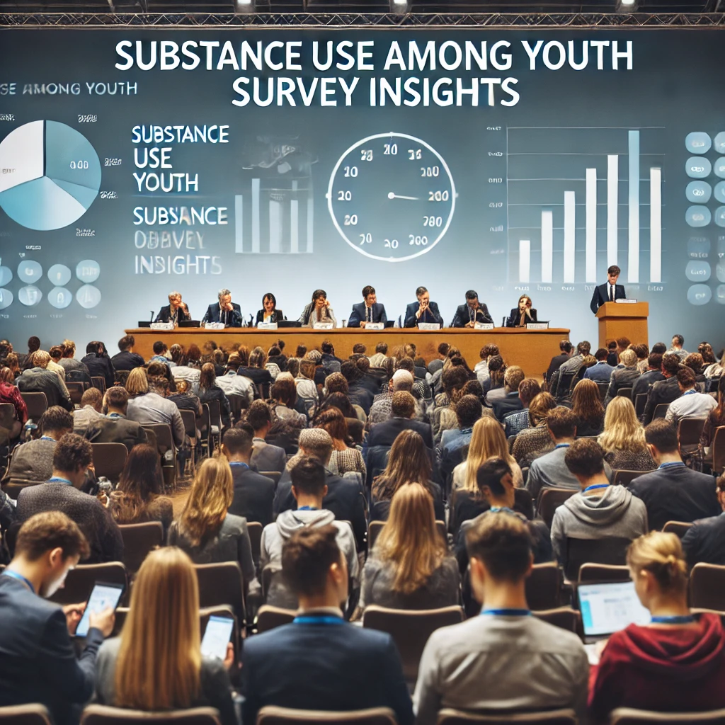 Conference room with diverse educators and health professionals discussing substance use among youth.